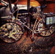 A bike decorated with MetroCards, seen around Manhattan